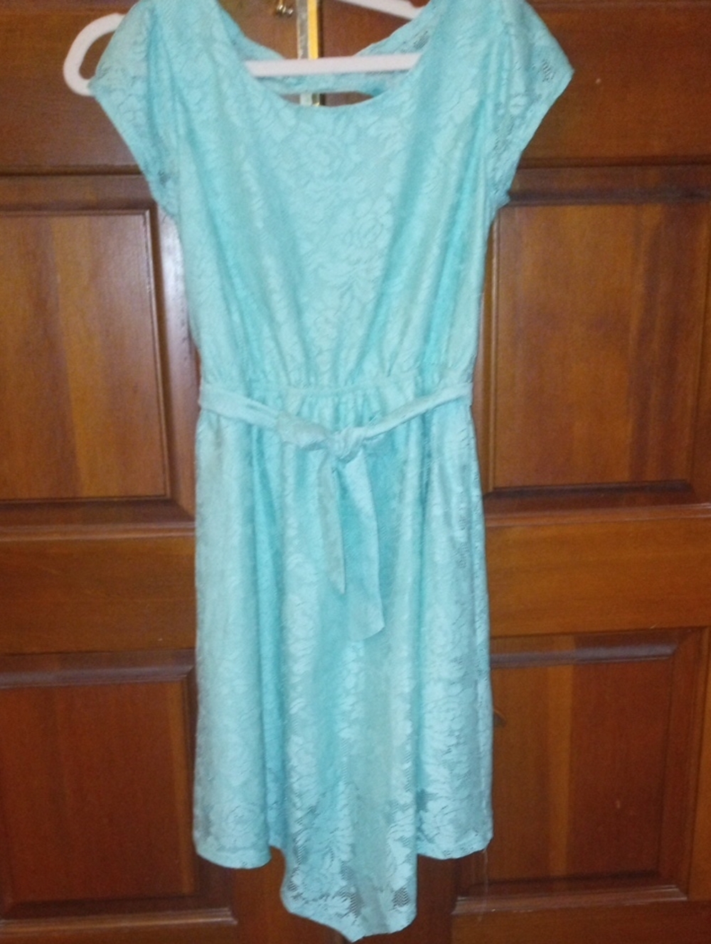 Girls Aqua Lace Fit-and-Flare Dress with Tie Waist